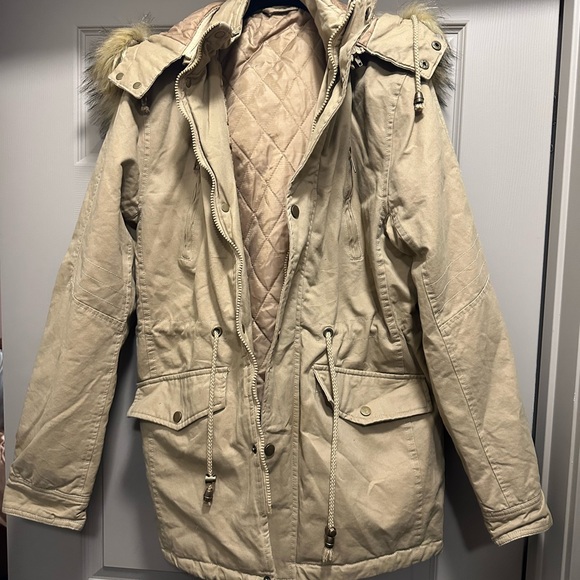 Tan COUTUDI Jacket/coat w/detachable hood/fur - Picture 1 of 2